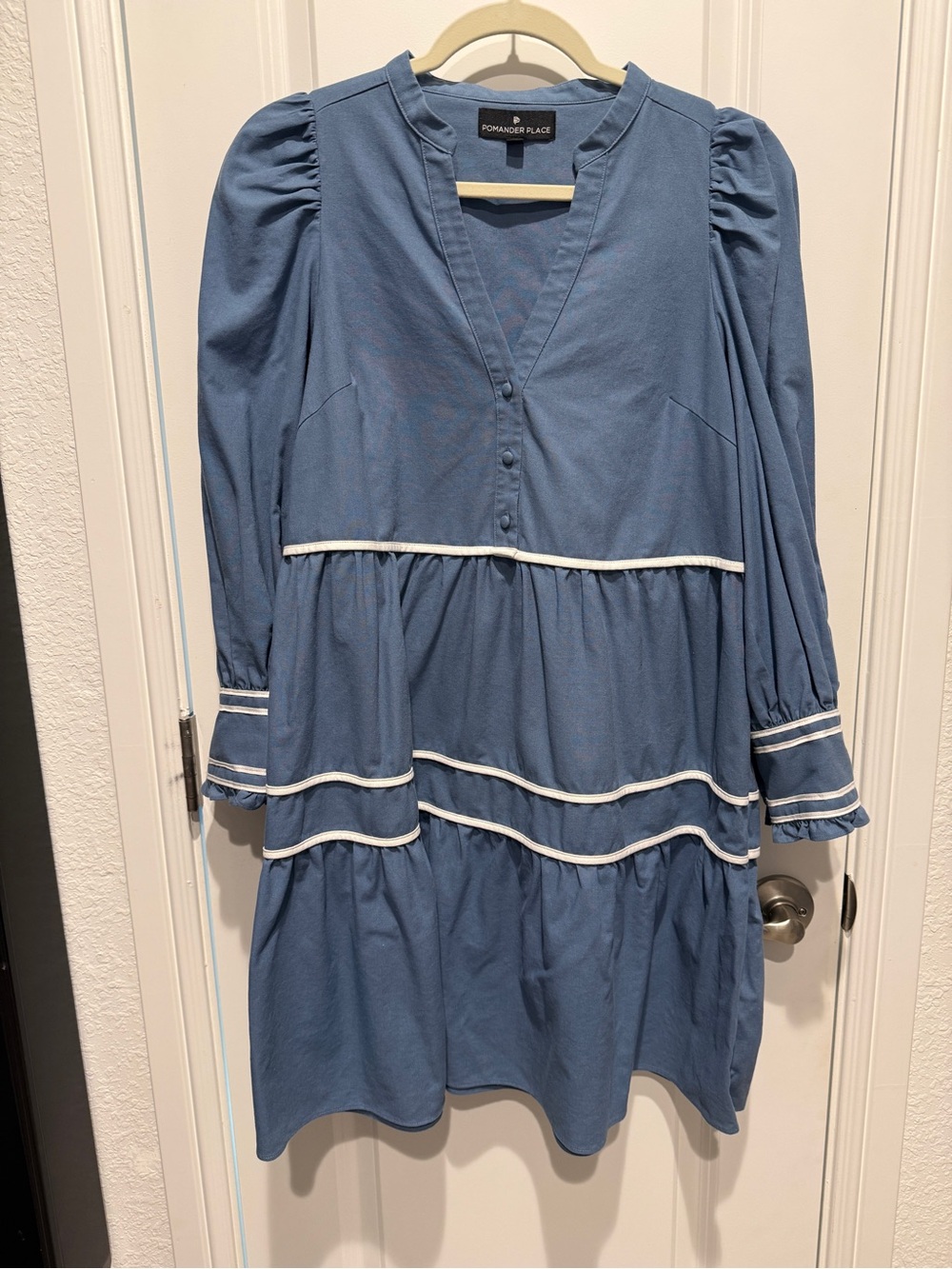 ✨Pomander Place✨ Dusty Blue Tiered Long-Sleeve Dress with White Trim